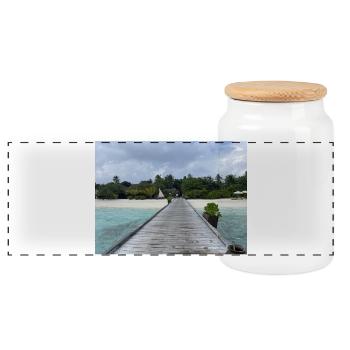 Tropischer Pier am türkis Meer Kudafushi Malediven - Panorama Keksdose mit Holzdeckel - Weiß - Vorne