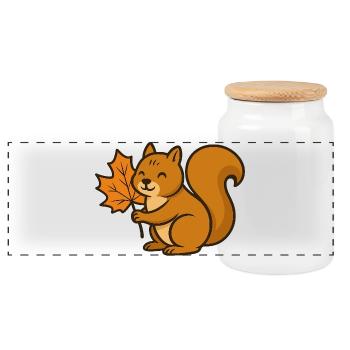 Cute Squirrel with Autumn Leaf Cartoon - Panoramic Cookie Jar with Wooden Lid - white - Front