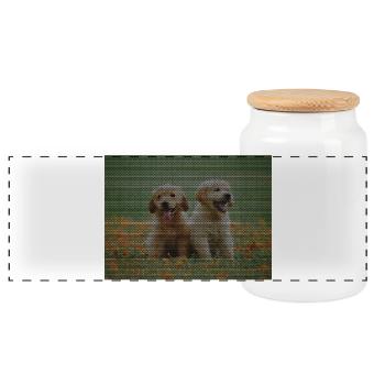 Two Labrador Retriever puppies with triangle pattern - Panoramic Cookie Jar with Wooden Lid - white - Front