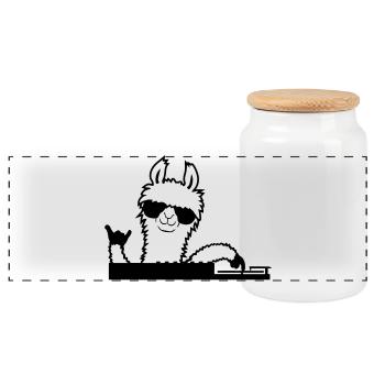 Llama DJ Cool Party Music DJ Sunglasses Cute - Panoramic Cookie Jar with Wooden Lid - white - Front