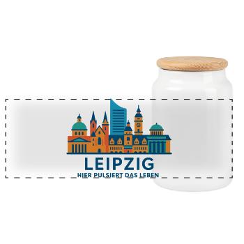 Leipzig Skyline Pulsierend Silhouette  - Panorama Keksdose mit Holzdeckel - Weiß - Vorne