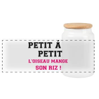 Little by little, the bird eats its rice - Panoramic Cookie Jar with Wooden Lid - white - Front