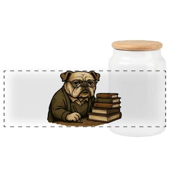 Bulldog Writer with Books Scholarly Cartoon Art - Panoramic Cookie Jar with Wooden Lid - white - Front