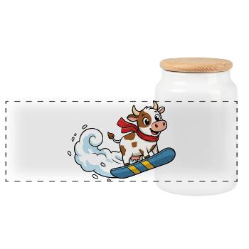 Snowboard Kuh Cartoon Lustige Winterkuh - Panorama Keksdose mit Holzdeckel - Weiß - Vorne