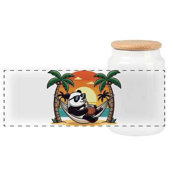 Lustiger Panda im Strand-Hängematten-Sommerurlaub - Panorama Keksdose mit Holzdeckel - Weiß - Vorne