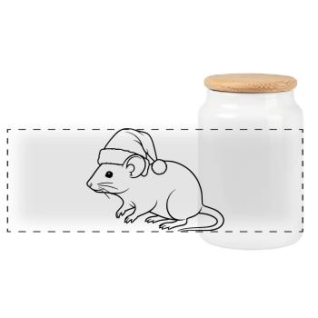Funny Rat with Santa Hat – Line Art - Panoramic Cookie Jar with Wooden Lid - white - Front