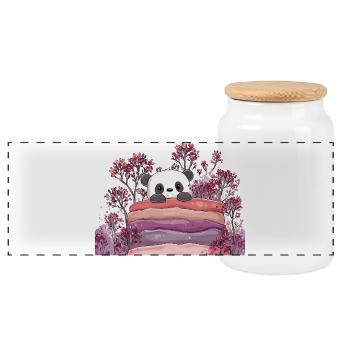 Panda on sweet macaron cake - Panoramic Cookie Jar with Wooden Lid - white - Front