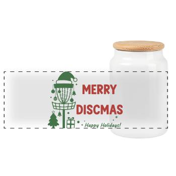 Merry Discmas Happy Holidays Disc Golf Basket - Panoramic Cookie Jar with Wooden Lid - white - Front