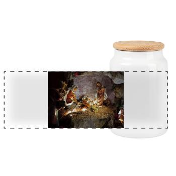 Illuminierte Krippe zwischen Steinen - Panorama Keksdose mit Holzdeckel - Weiß - Vorne