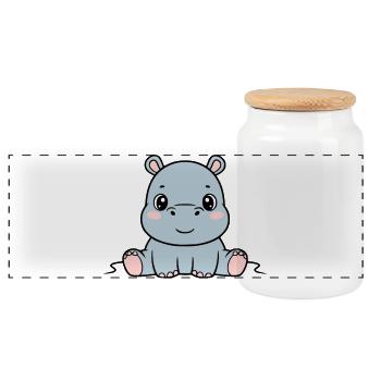 Cute Baby Hippopotamus Sitting Kawaii - Panoramic Cookie Jar with Wooden Lid - white - Front