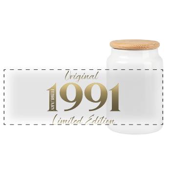 35th Birthday February 1991 Vintage Vintage - Panoramic Cookie Jar with Wooden Lid - white - Front