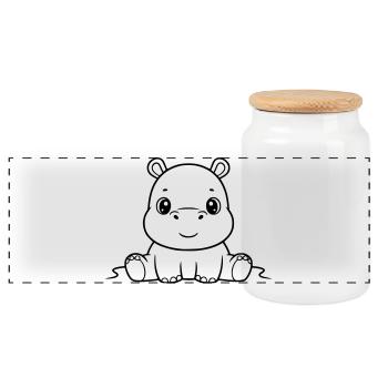 Cute Baby Hippo Comic Outline - Panoramic Cookie Jar with Wooden Lid - white - Front