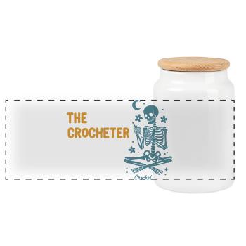 Drôle d’amoureux du crochet Le crocheteur Crochet squelette - Boîte à biscuits avec couvercle en bois - blanc - Devant