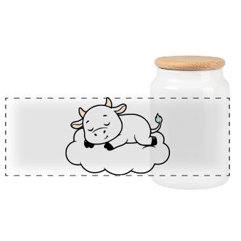 Sleeping Cow Cloud Dream Baby - Panoramic Cookie Jar with Wooden Lid - white - Front