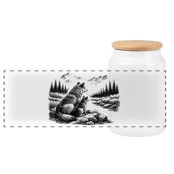 Wolf und Kind in der Natur – Berge, Wald, Fluss - Panorama Keksdose mit Holzdeckel - Weiß - Vorne