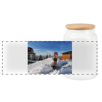 Snowboard sur une pente ensoleillée - Boîte à biscuits avec couvercle en bois - blanc - Devant