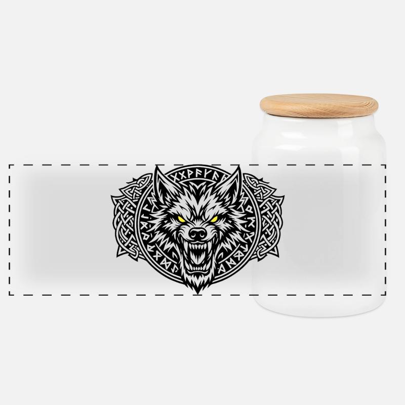 Fenrir-Wolf-Wikinger - Panorama Keksdose mit Holzdeckel - Weiß