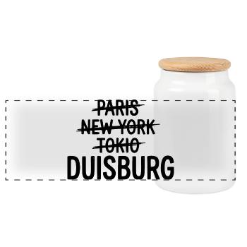 Duisburg, Ruhrpott, Ruhrgebiet City Tasche, Tasse - Panorama Keksdose mit Holzdeckel - Weiß - Vorne