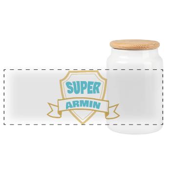 Super Armin Schild-Badge - Panorama Keksdose mit Holzdeckel - Weiß - Vorne