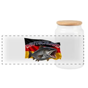 Forelle Angeln Deutschland - Fisch Motiv - Panorama Keksdose mit Holzdeckel - Weiß - Vorne