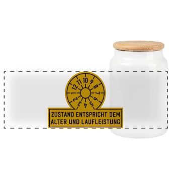 Zustand entspricht dem Alter lustige Auto Sprüche - Panorama Keksdose mit Holzdeckel - Weiß - Vorne
