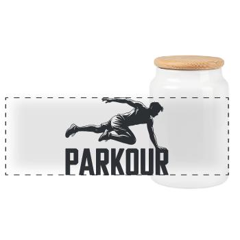 Parkour Shirt with Jump Silhouette - Panoramic Cookie Jar with Wooden Lid - white - Front