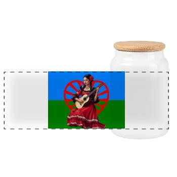 Rote Flamenco-Gitarre auf Trikolor-Hintergrund - Panorama Keksdose mit Holzdeckel - Weiß - Vorne