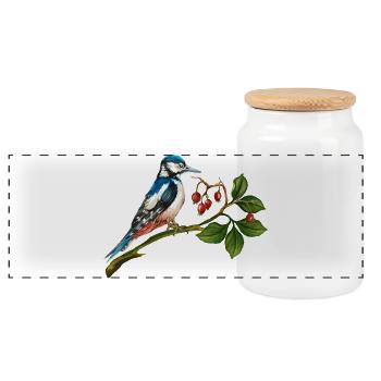Bunter Vogel - Panorama Keksdose mit Holzdeckel - Weiß - Vorne