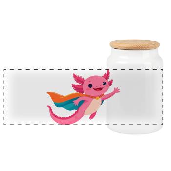 Pink Kawaii Axolotl as a Flying Superhero – Cute - Panoramic Cookie Jar with Wooden Lid - white - Front