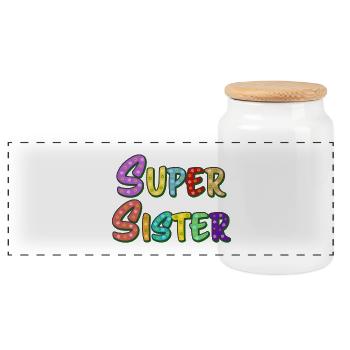 Schriftzug Super Sister für die beste Schwester - Panorama Keksdose mit Holzdeckel - Weiß - Vorne
