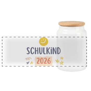 Schulkind 2026 Einschulung Geschenk Erstklässler - Panorama Keksdose mit Holzdeckel - Weiß - Vorne