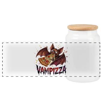 Vampizza Lustiges Fledermaus Vampir Pizza Motiv - Panorama Keksdose mit Holzdeckel - Weiß - Vorne