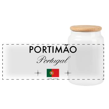 Portimao Portugal Koordinaten Reise Souvenir - Panorama Keksdose mit Holzdeckel - Weiß - Vorne