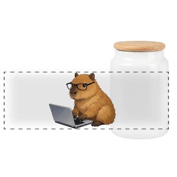 Capybara on the laptop - Panoramic Cookie Jar with Wooden Lid - white - Front