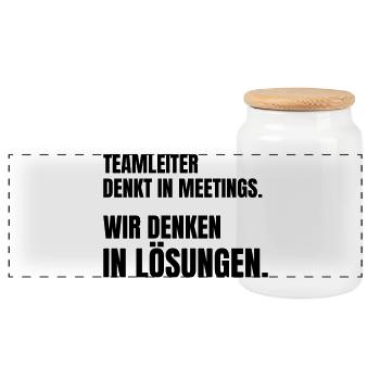 Teamleiter denkt in Meetings, Team denkt in Lösung - Panorama Keksdose mit Holzdeckel - Weiß - Vorne
