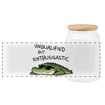 Unqualified but Enthusiastic – Lustiges Krokodil - Panorama Keksdose mit Holzdeckel - Weiß - Vorne
