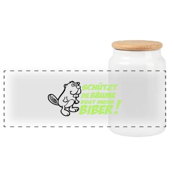 Protects the trees - eat more beavers! - Panoramic Cookie Jar with Wooden Lid - white - Front