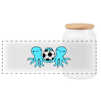 2 Octopus Team Friends Playing Football Ball Sport - Panoramic Cookie Jar with Wooden Lid - white - Front