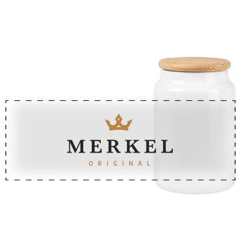 Merkel Original Family Logo - Panoramic Cookie Jar with Wooden Lid - white - Front