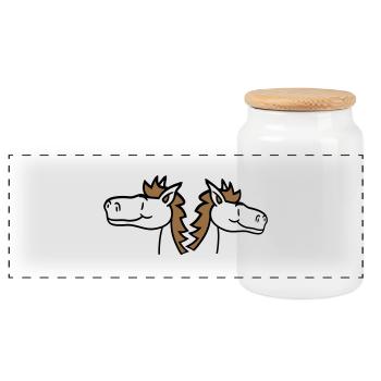 2 Horses Team Pony Foal Couple Comic Friends - Panoramic Cookie Jar with Wooden Lid - white - Front