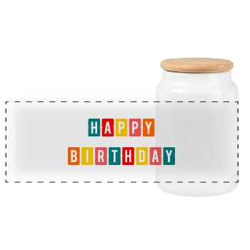 HAPPY BIRTHDAY. HAPPY BIRTHDAY. ANNIVERSARY. - Panoramic Cookie Jar with Wooden Lid - white - Front