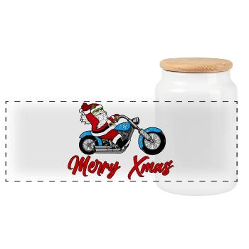Santa Motorcycle – Xmas Ride - Panoramic Cookie Jar with Wooden Lid - white - Front