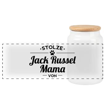 Jack Russel-Mama Wunschname - Panorama Keksdose mit Holzdeckel - Weiß - Vorne