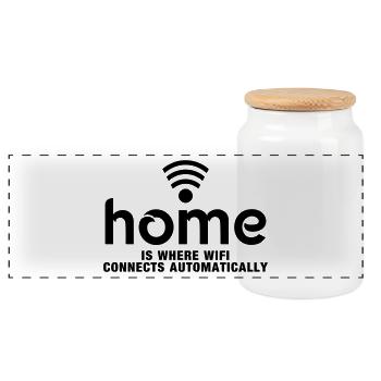 home is where the wifi connects automatically - Panoramic Cookie Jar with Wooden Lid - white - Front