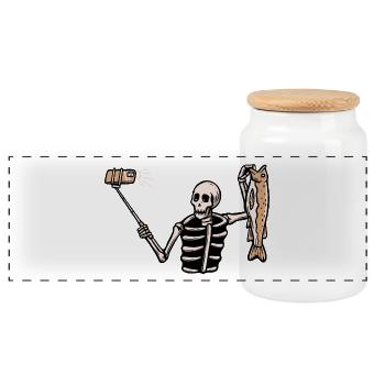 Pêche Squelette Selfie Grand - Boîte à biscuits avec couvercle en bois - blanc - Devant