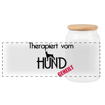 Therapiert vom Hund Hunde Tier Haustier Geschenk - Panorama Keksdose mit Holzdeckel - Weiß - Vorne
