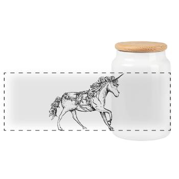 Drawing of a fancifully decorated unicorn - Panoramic Cookie Jar with Wooden Lid - white - Front