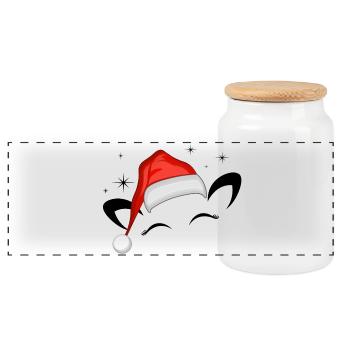 Cat Santa Hat Shining Stars - Panoramic Cookie Jar with Wooden Lid - white - Front