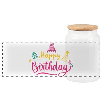 Happy Birthday Colorful Script - Panoramic Cookie Jar with Wooden Lid - white - Front
