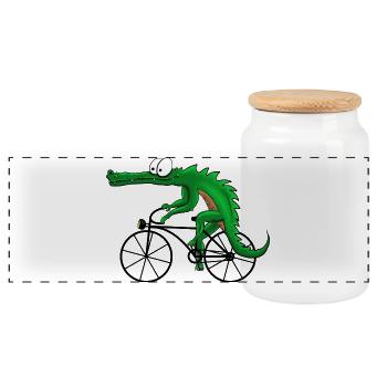 Krokodil mit Fahrrad - Panorama Keksdose mit Holzdeckel - Weiß - Vorne